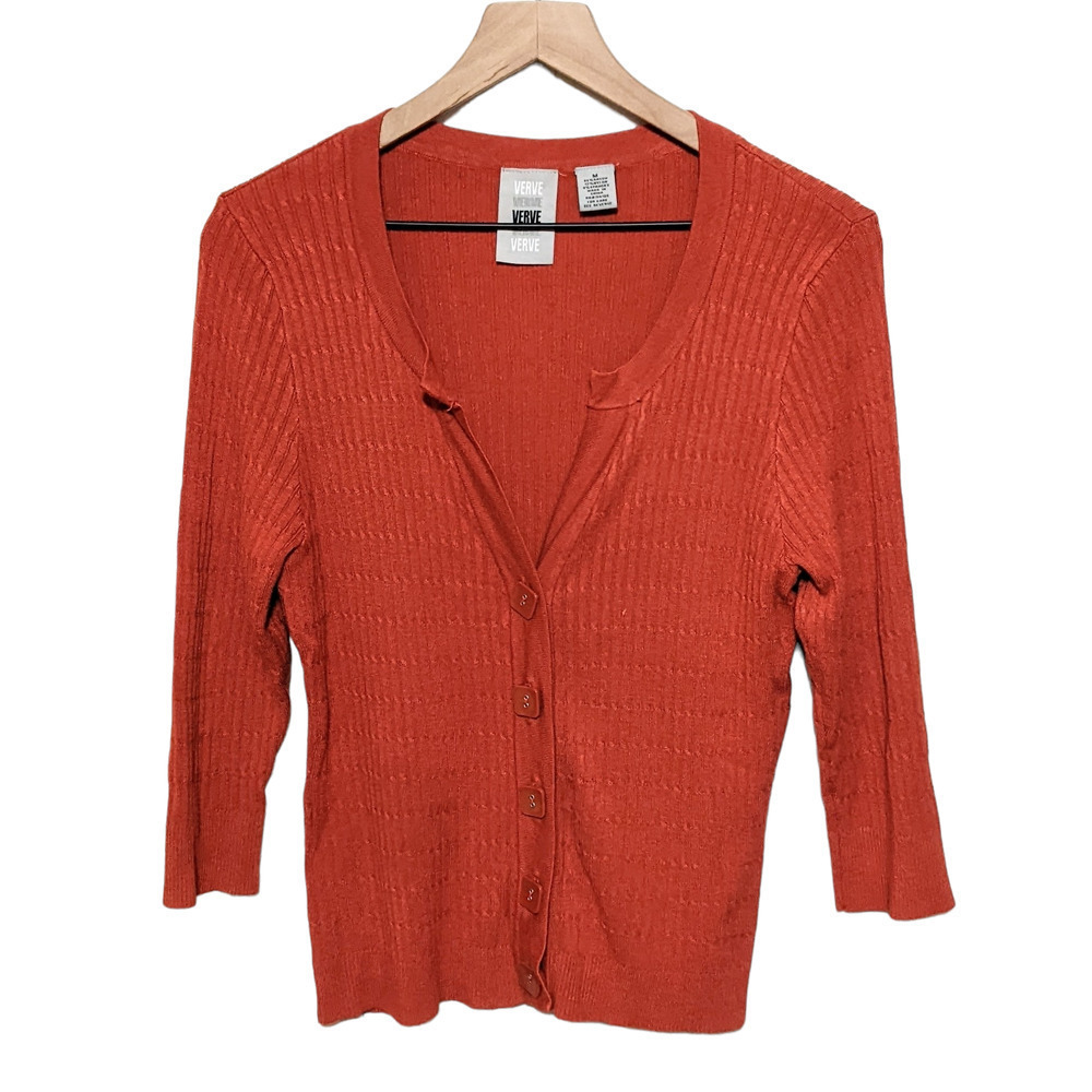 Verve Orange Ribbed Knit 3/4 Sleeve Cardigan Women's Size M